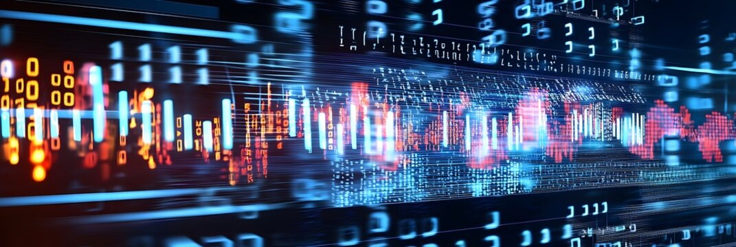 A photo depicting a dynamic digital matrix background with cascading streams of binary code flowing in a vibrant futuristic display