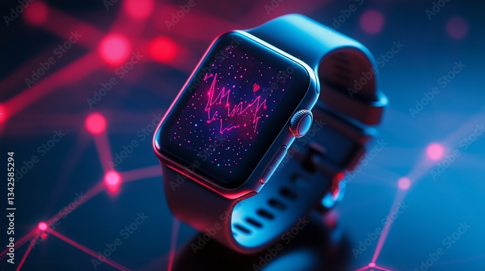 Poster smartwatch displaying health data with futuristic network background