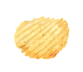 One tasty ridged potato chip in air isolated on white