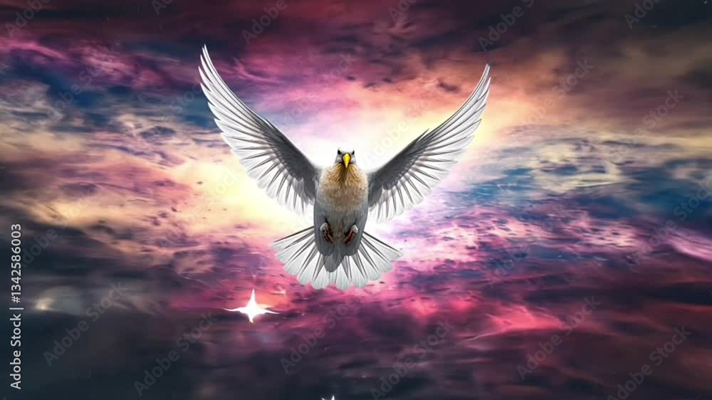 Aufkleber a white dove flying with its wings spread wide against a colorful nebula background in outer space