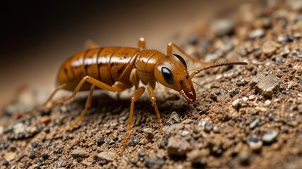 Close-up of a small, light brown insect on dirt