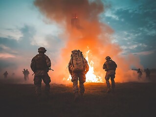 Soldiers for fire, field, twilight battle.