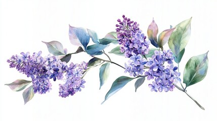 watercolor lush branches of lilac, branches of lilac on white background is isolated