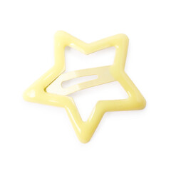 One yellow star shaped hair clip isolated on white, top view