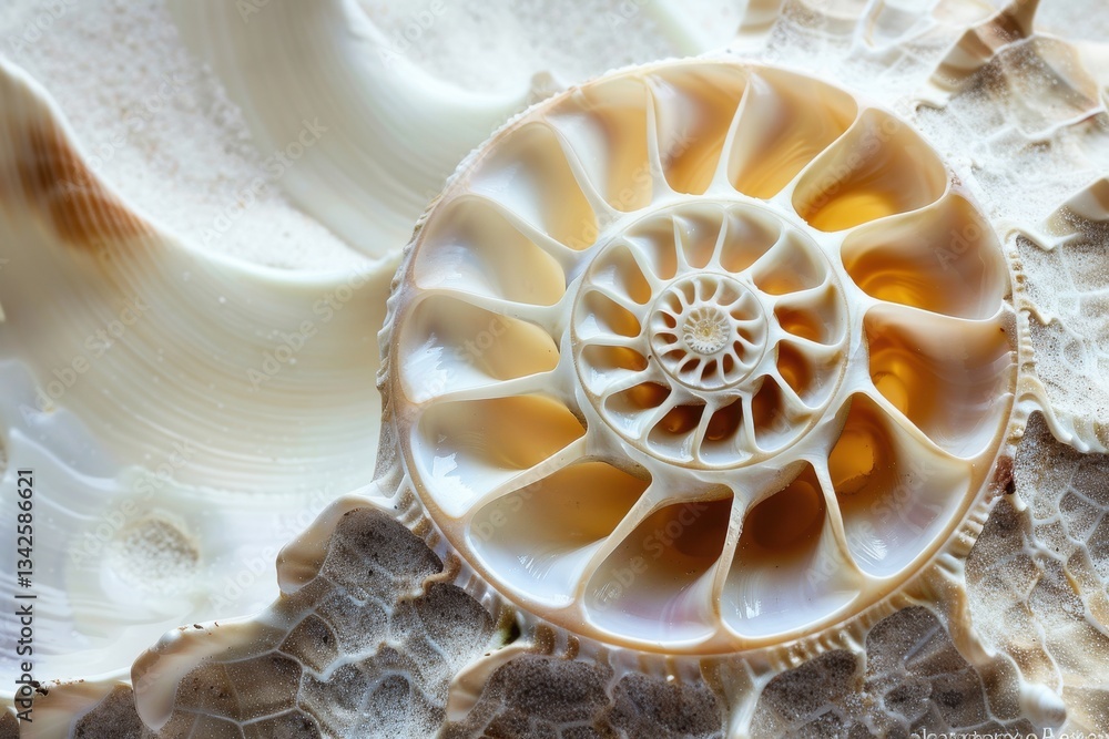 Poster beautiful nautilus shell showcasing intricate spirals and patterns on a light sandy background in na