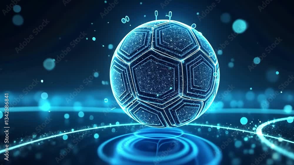 Aufkleber glowing digital soccer ball in futuristic neon environment with abstract lines and particles creatin