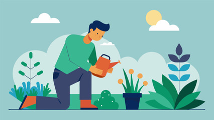 A man takes a break from his busy workday to water his plants finding peace in the repetition of the task and the fresh scent of wet earth.. Vector illustration