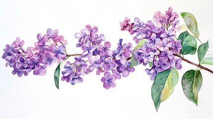 watercolor lush branches of lilac, branches of lilac on white background is isolated