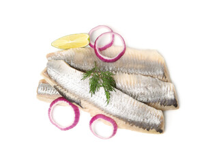 Marinated herring fillets with dill, onion rings and lime isolated on white, top view