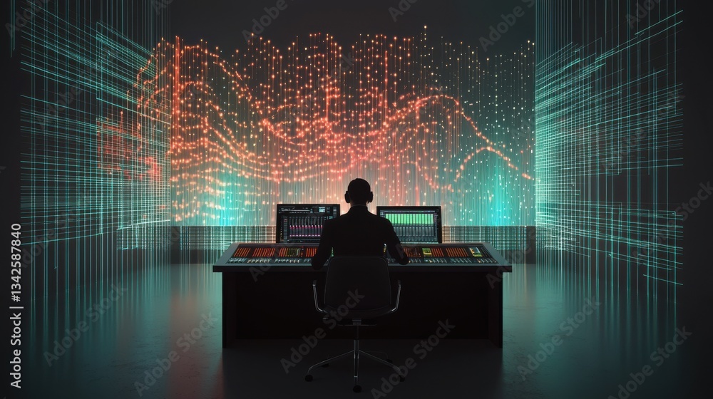 Poster a silhouetted figure sits at a control panel with vibrant data visualizations.
