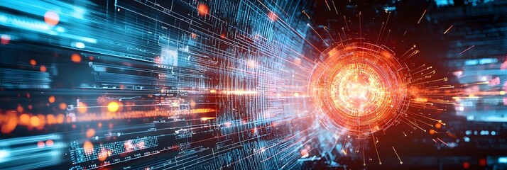 A stunning visualization of a futuristic digital battlefield simulation featuring glowing data points and dynamic motion trails creating a mesmerizing and immersive techno inspired landscape