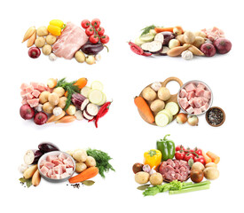 Stew ingredients. Raw meat, fresh vegetables and spices isolated on white, set