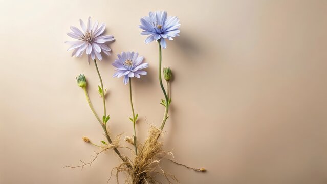 Delicate lavender blossoms with exposed roots against a muted beige backdrop, a study in botanical simplicity and subtle elegance