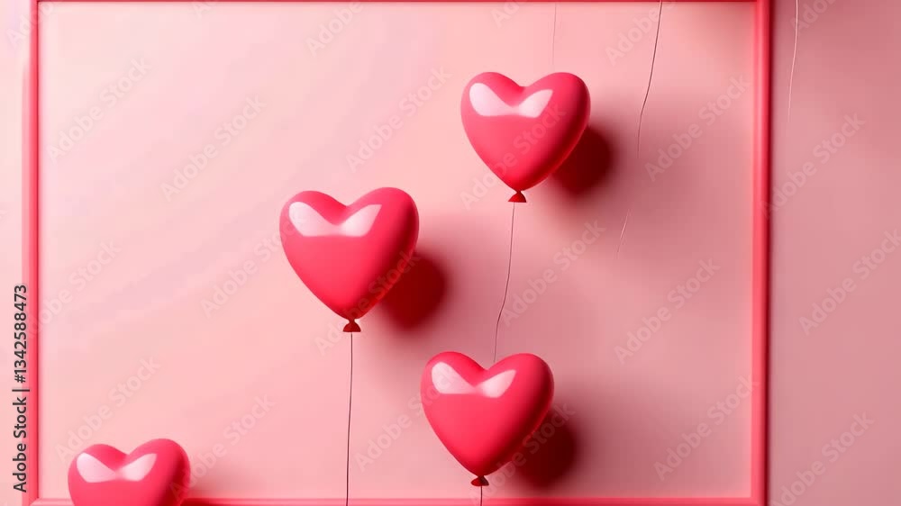 Poster heart shaped balloons float against soft pink background creating romantic and whimsical atmosphere 