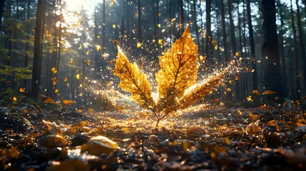  Golden Leaf Emerging with Sparkles in a Sunlit Forest During Autumn Season © rafika