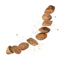 Freshly baked baguette. Pieces of bread in air on white background
