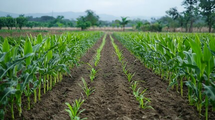 A verdant cornfield stretching across a vast rural landscape with rows of thriving corn plants and a serene natural environment