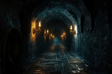 Obraz premium Dark stone corridor with lit sconces. Ideal for fantasy, mystery, or horror projects.
