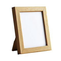 Vintage style wooden photo frame on a table, isolated on a white background.