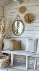 A cozy and inviting interior scene featuring a natural, rustic design with a mirror and bench. Beautiful decor.
