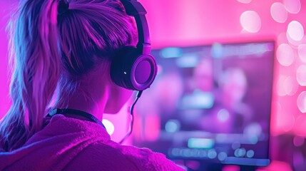 A young person immersed in gaming, focused on the vibrant screen and audio.