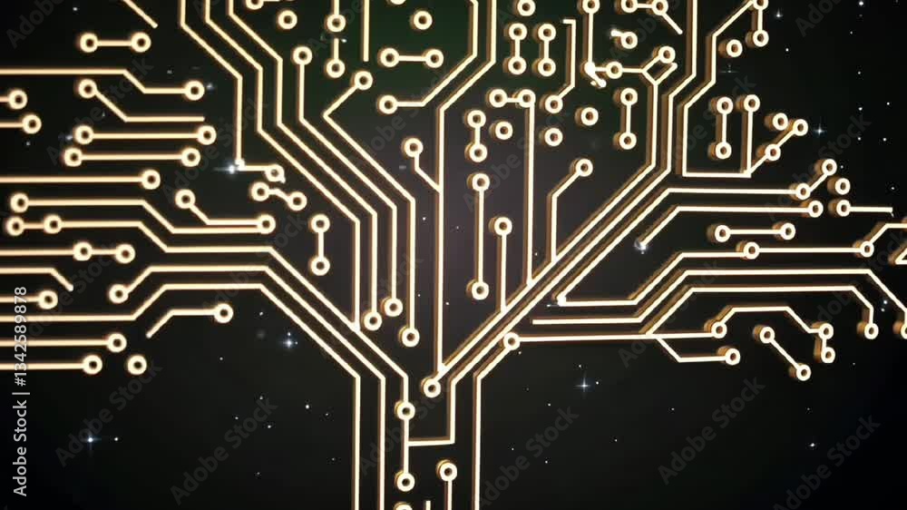 Poster glowing circuit board tree with branches and nodes on a dark starry night sky background design