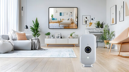 A modern living room featuring a sleek and discreet home security system with live video monitoring capabilities blending seamlessly into the minimalist interior design