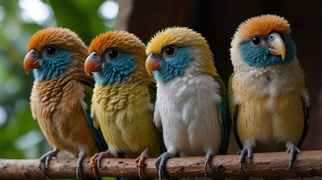 Four colorful baby parakeets perched on a branch