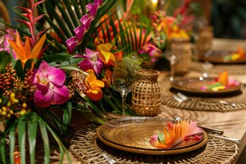 Naklejka premium Vibrant tropical table setting for an evening feast in a garden with flowers, candles, and greenery