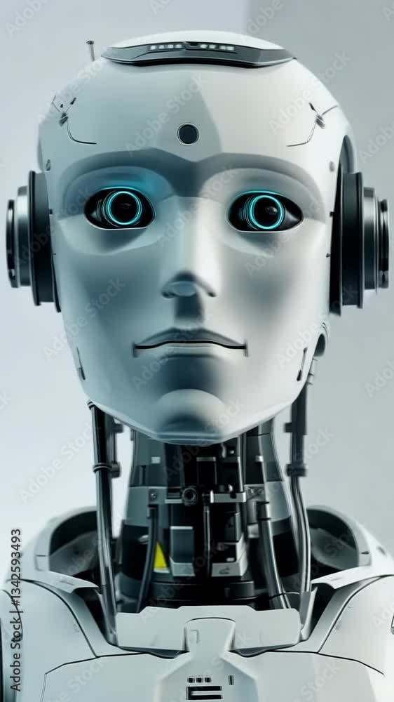 Poster futuristic humanoid robot in a minimalistic setting showcasing advanced technology
