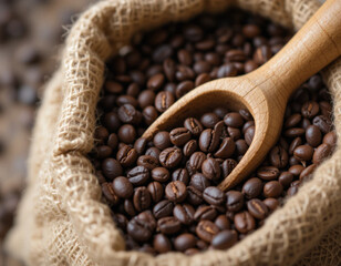 Obraz premium A rustic burlap sack filled with dark roasted coffee beans, with a wooden scoop partially buried inside.