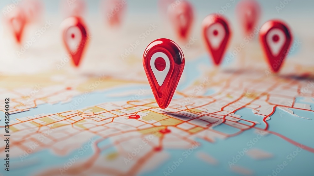Poster gps map navigation red location pins on city map