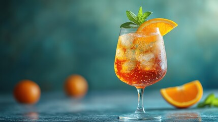 A refreshing Aperol Spritz, a vibrant orange and white symphony, garnished with an orange slice and a sprig of mint, inviting you to savor its delicate balance of bitter and sweet.