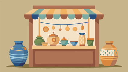 Obraz premium A booth filled with delicate handpainted pottery the result of years of practice and patience from the elderly potter.. Vector illustration