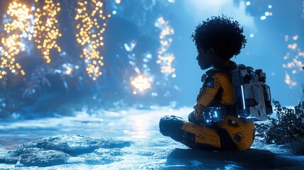 Naklejka premium A child in a futuristic suit sits contemplatively by a glowing river, surrounded by enchanting lights in a mystical environment.
