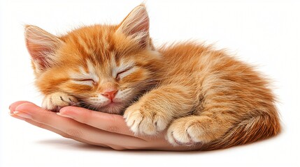 Tiny ginger kitten sleeps on human hand