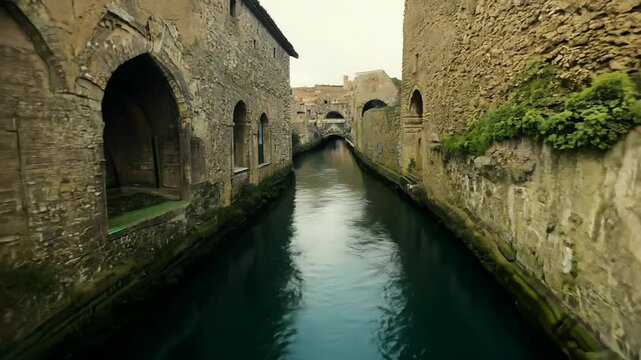 A waterway heavily polluted with discarded waste, flowing between dilapidated buildings in a marginalized urban area. The scene highlights the detrimental impact of pollution on the environment.