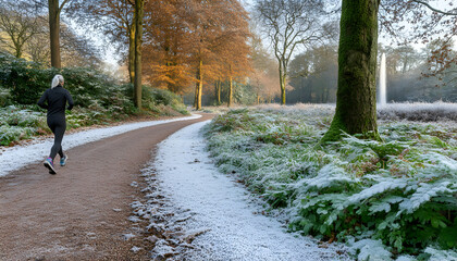 Woman jogging on a frosty path through a sunlit winter woodland, leaves on the ground.
