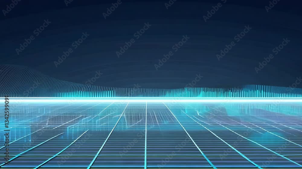 Poster abstract grid with glowing horizon - tech data visualization background. 4k.