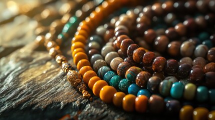 Detailed view of multi-colored beaded necklaces on a textured surface