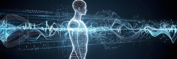 Ethereal silhouette of a human form surrounded by dynamic luminous energy waves and digital patterns evoking a sense of futuristic technology and motion