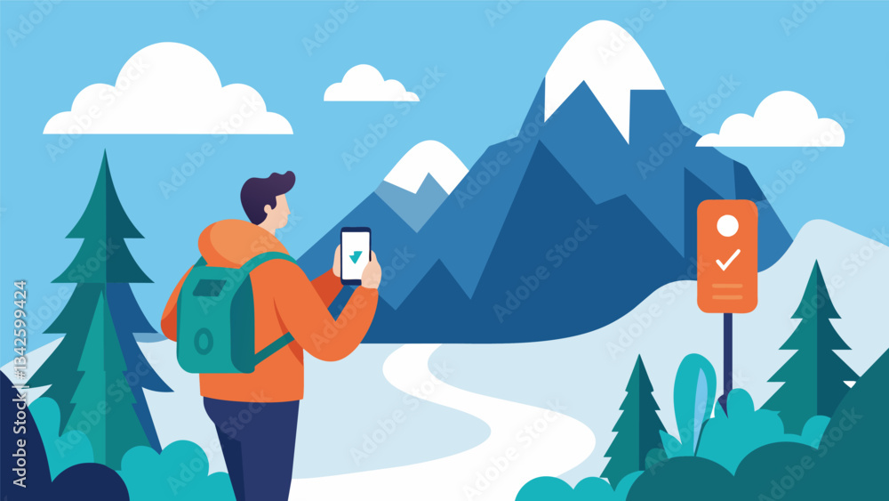 Poster a person hiking in the mountains with their phone in hand but with a lock icon over the screen symbo