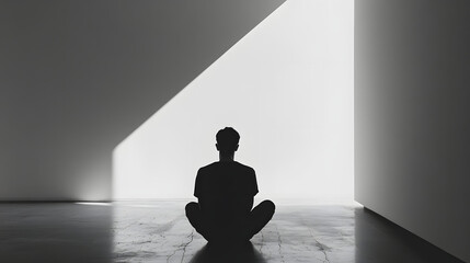 Contemplative Man Meditating in Minimalist White Room Silence and Solitude Stock Image