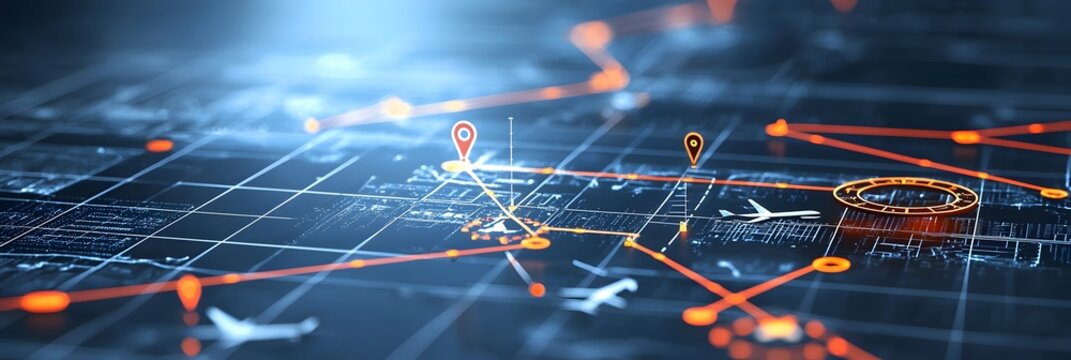 Futuristic abstract visualization of a digital navigation grid displaying dynamic flight paths and airport waypoints representing a complex transportation and logistics network