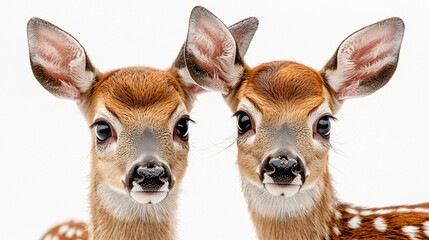 Two fawn faces, close-up, white background