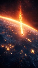 Obraz premium A fiery meteor streaks toward Earth, illuminating the night sky with a dramatic glow, while cities below twinkle in the darkness.