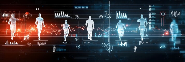 Futuristic digital interface displaying real time performance analytics and fitness data visualizations including glowing charts graphs and holographic human silhouettes