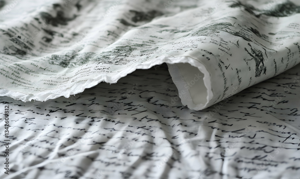Poster close-up of textured fabric with handwritten script and sketched landscapes, evoking feelings of nos