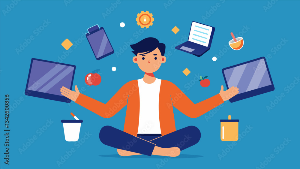 Poster a cartoon image of a person juggling multiple devices and struggling to keep them all in the air rep