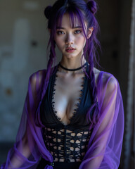 Seductive Real Model with Purple Hair in Sheer Black Lace Lingerie